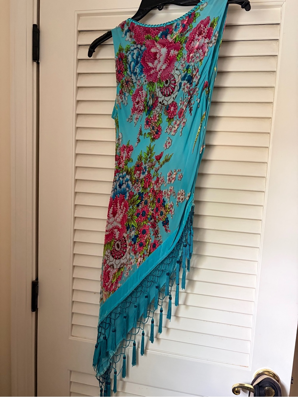 Cache Turquoise Floral Asymmetric Fringe Women’s Tunic size S - Picture 2 of 5